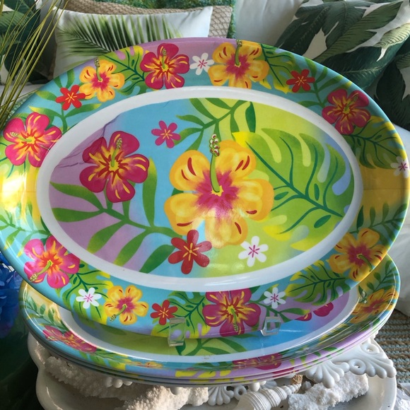 Hawaiian Hibiscus Indoor Outdoor Melamine Large Oval Dinner Plates Set/6 - Picture 3 of 5